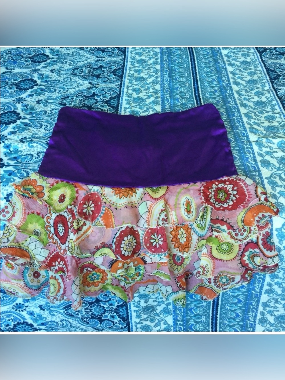 Frankie Morello Purple Waistband Floral Tiered Mini Skirt